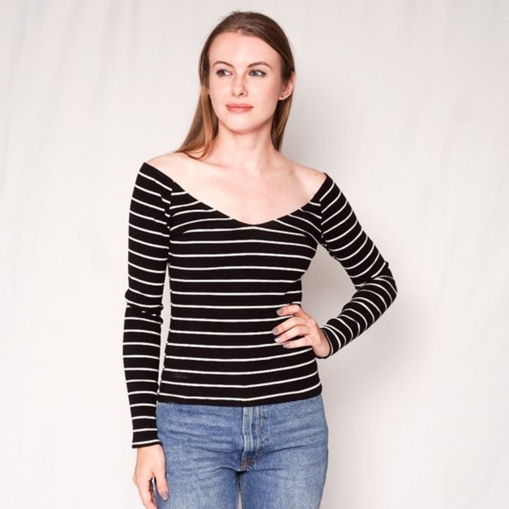 Reformation Moraine Knit Ribbed Horizontal Striped Wide V Neck Long Sleeve Top